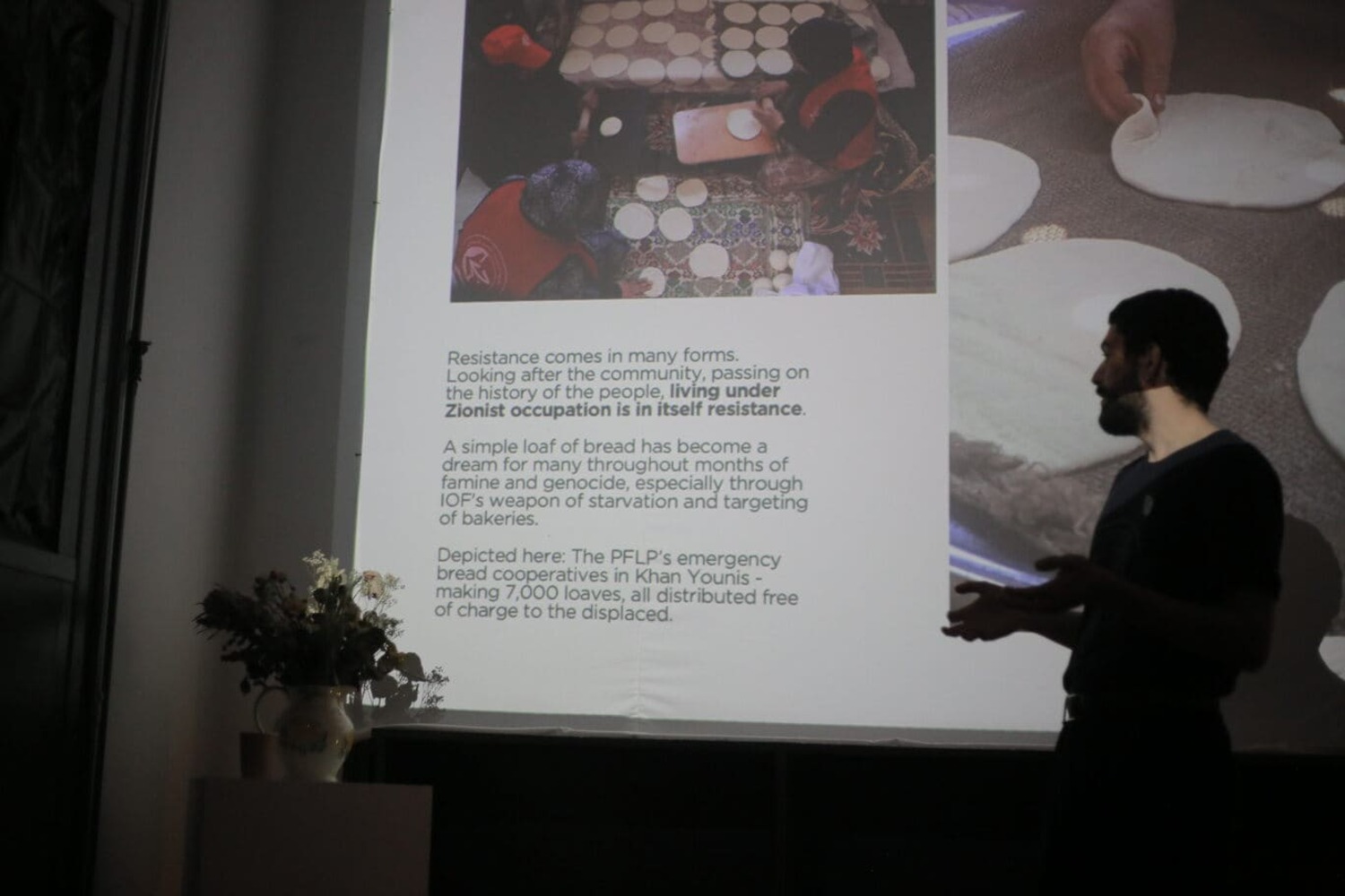 A member of the curation team giving the presentation for the 'A Night of Palestinian Shorts' screening