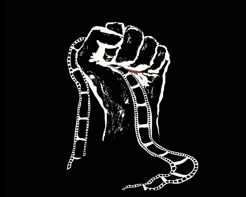 @filmsofresistance_ logo in which a raised fist clutches a film roll. Cinema can, after all, be a revolutionary tool.