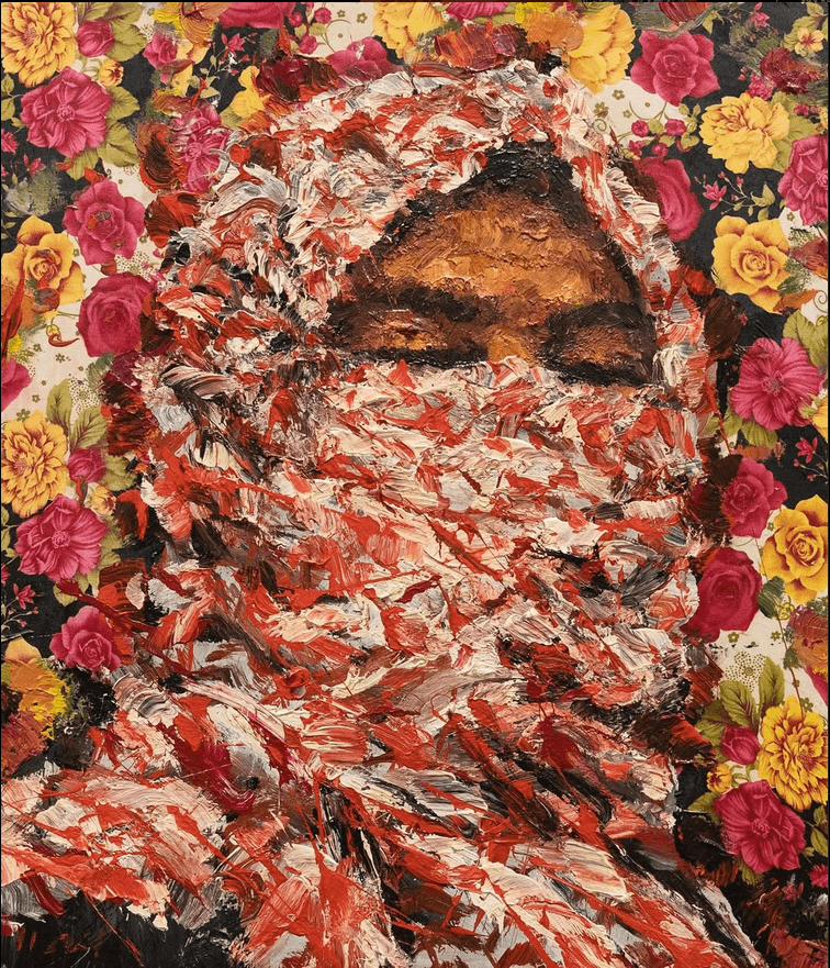 Let a Thousand Flowers Bloom (2011), by Lebanese artist Ayman Baalbaki is named after the slogan taken up by leftist and nationalist Arab organisations to symbolise a new hope. The painting also references the graves of Lebanese martyrs, in which there is a portrait of the dead, lit and surrounded by artificial flowers.